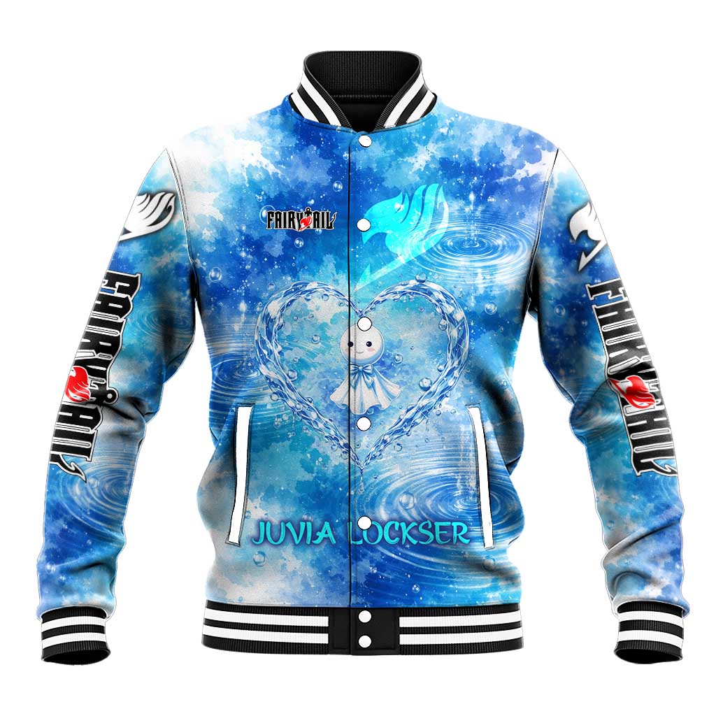 Juvia Lockser Fairy Tail Baseball Jacket Water Magic Anime Style with Heart and Raindrop Aesthetic