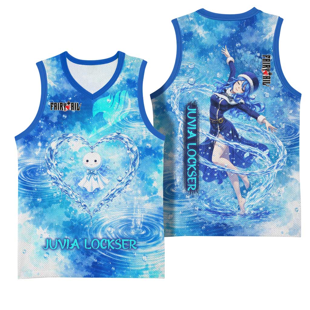 Juvia Lockser Fairy Tail Basketball Jersey Water Magic Anime Style with Heart and Raindrop Aesthetic