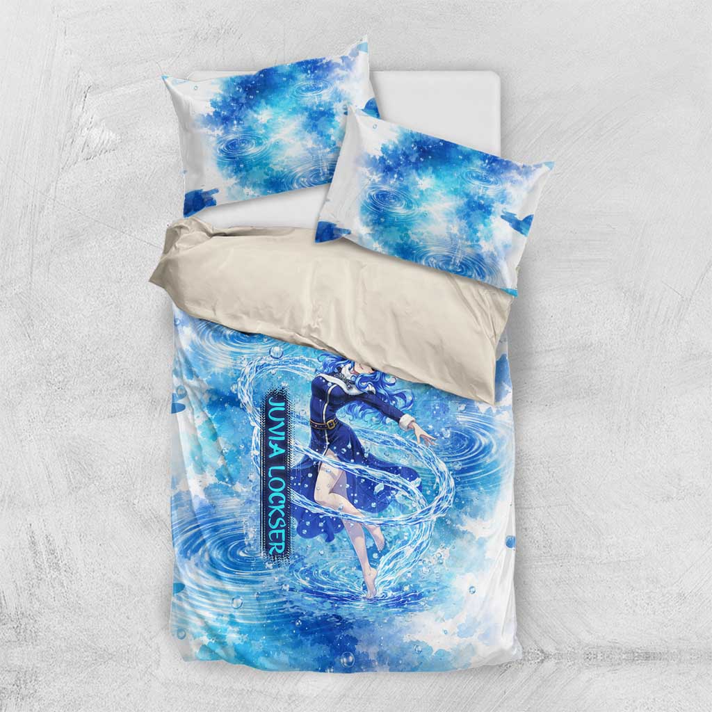 Juvia Lockser Fairy Tail Bedding Set Water Magic Anime Style with Heart and Raindrop Aesthetic