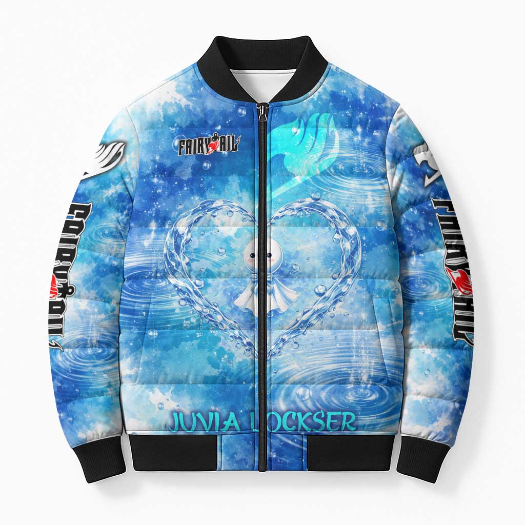 Juvia Lockser Fairy Tail Bomber Puffer Jacket Water Magic Anime Style with Heart and Raindrop Aesthetic