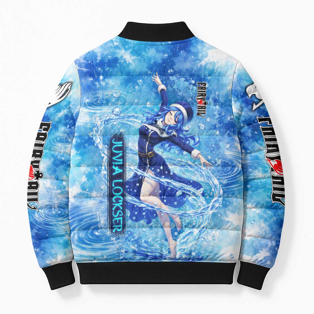 Juvia Lockser Fairy Tail Bomber Puffer Jacket Water Magic Anime Style with Heart and Raindrop Aesthetic