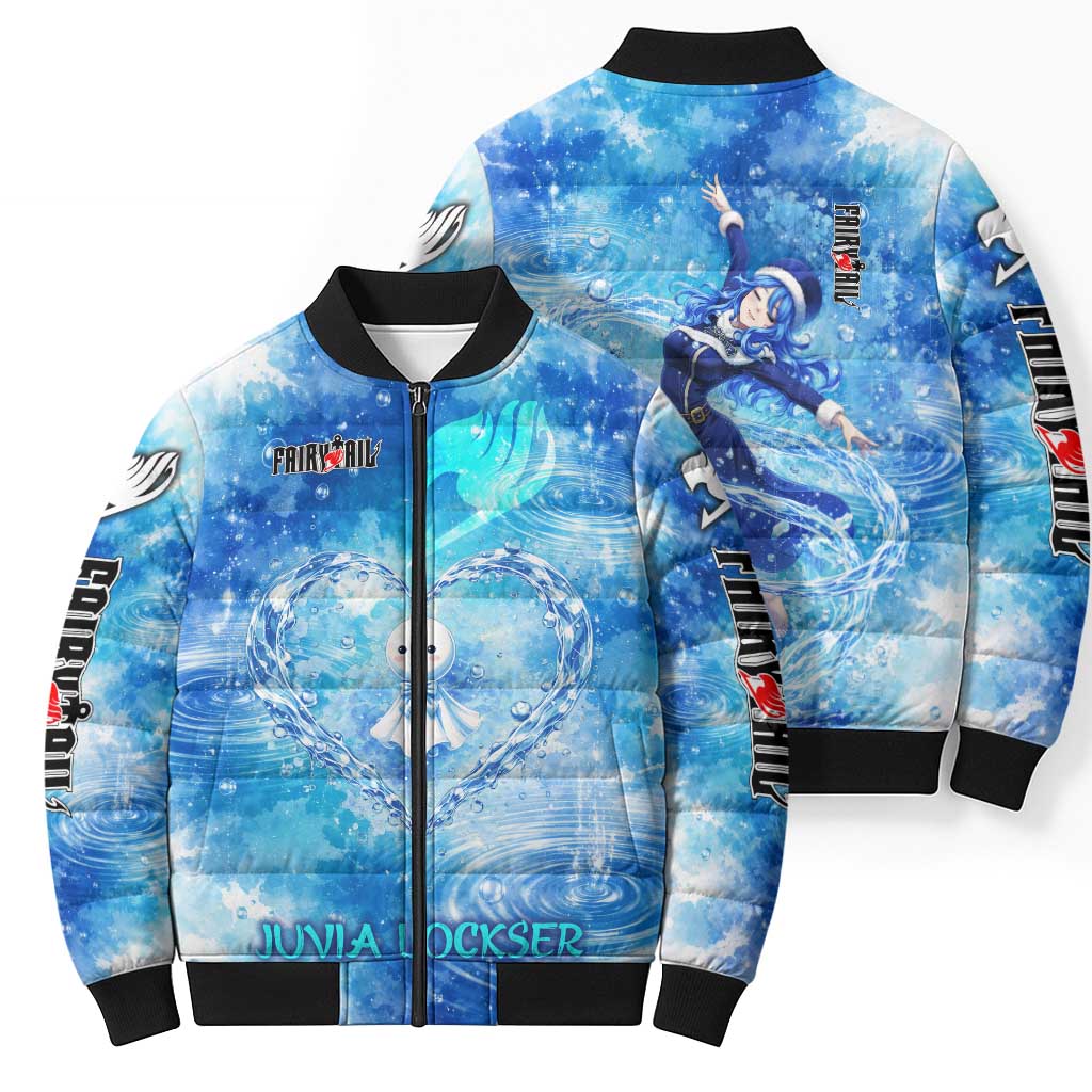 Juvia Lockser Fairy Tail Bomber Puffer Jacket Water Magic Anime Style with Heart and Raindrop Aesthetic