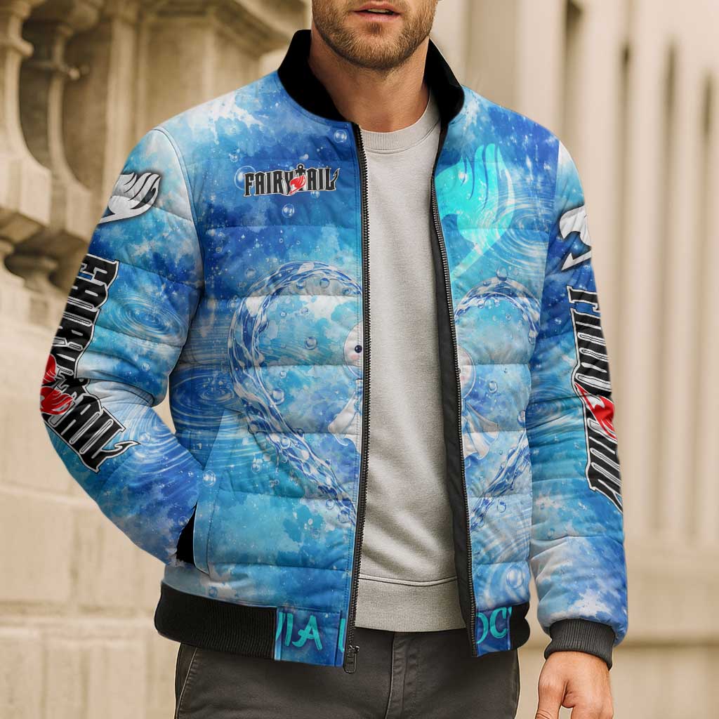 Juvia Lockser Fairy Tail Bomber Puffer Jacket Water Magic Anime Style with Heart and Raindrop Aesthetic