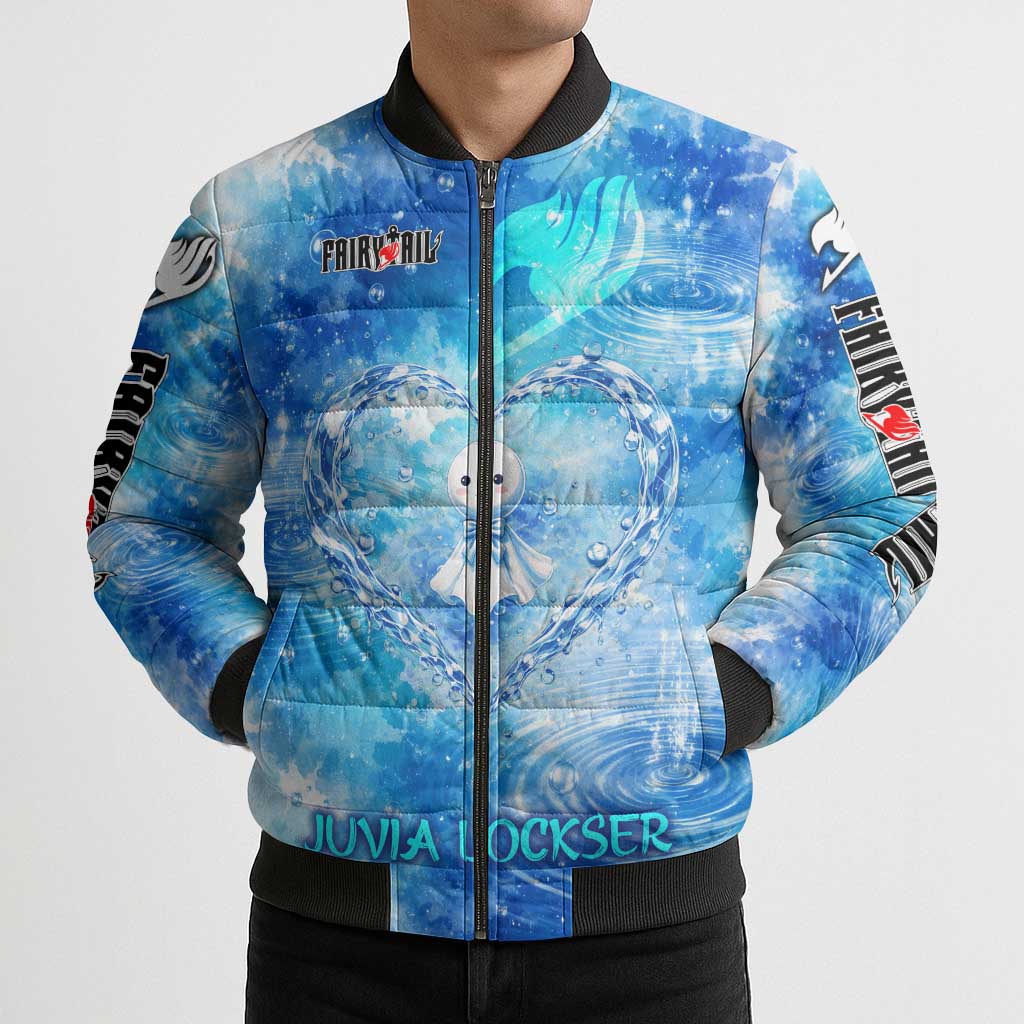 Juvia Lockser Fairy Tail Bomber Puffer Jacket Water Magic Anime Style with Heart and Raindrop Aesthetic