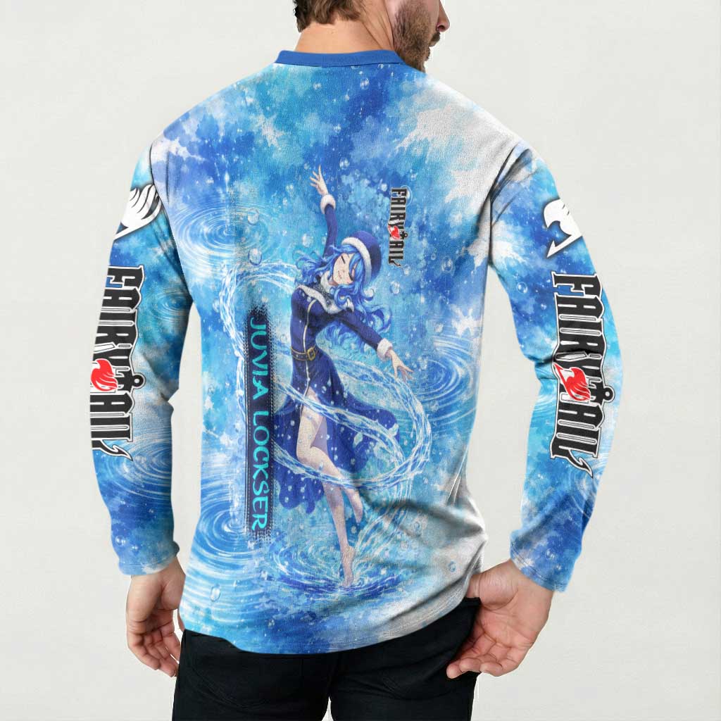 Juvia Lockser Fairy Tail Button Sweatshirt Water Magic Anime Style with Heart and Raindrop Aesthetic