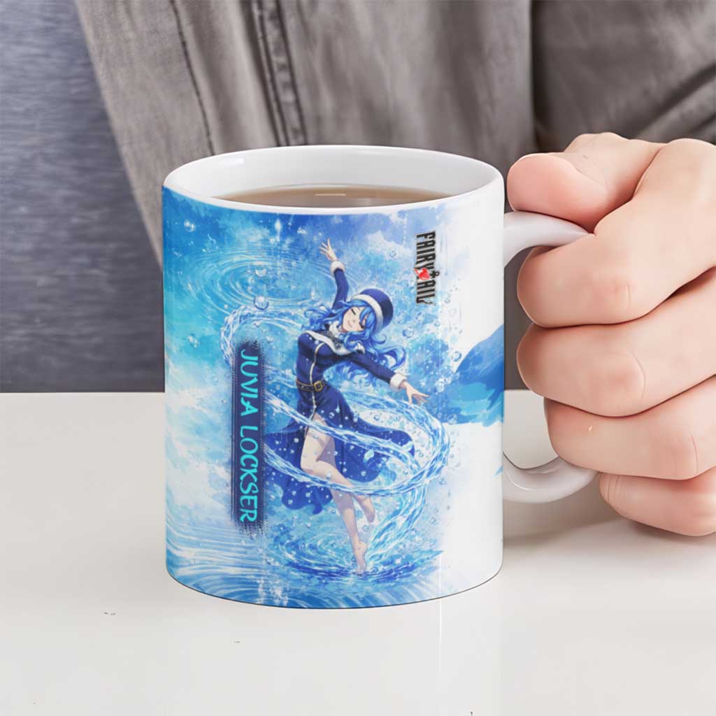 Juvia Lockser Fairy Tail Ceramic Mug Water Magic Anime Style with Heart and Raindrop Aesthetic