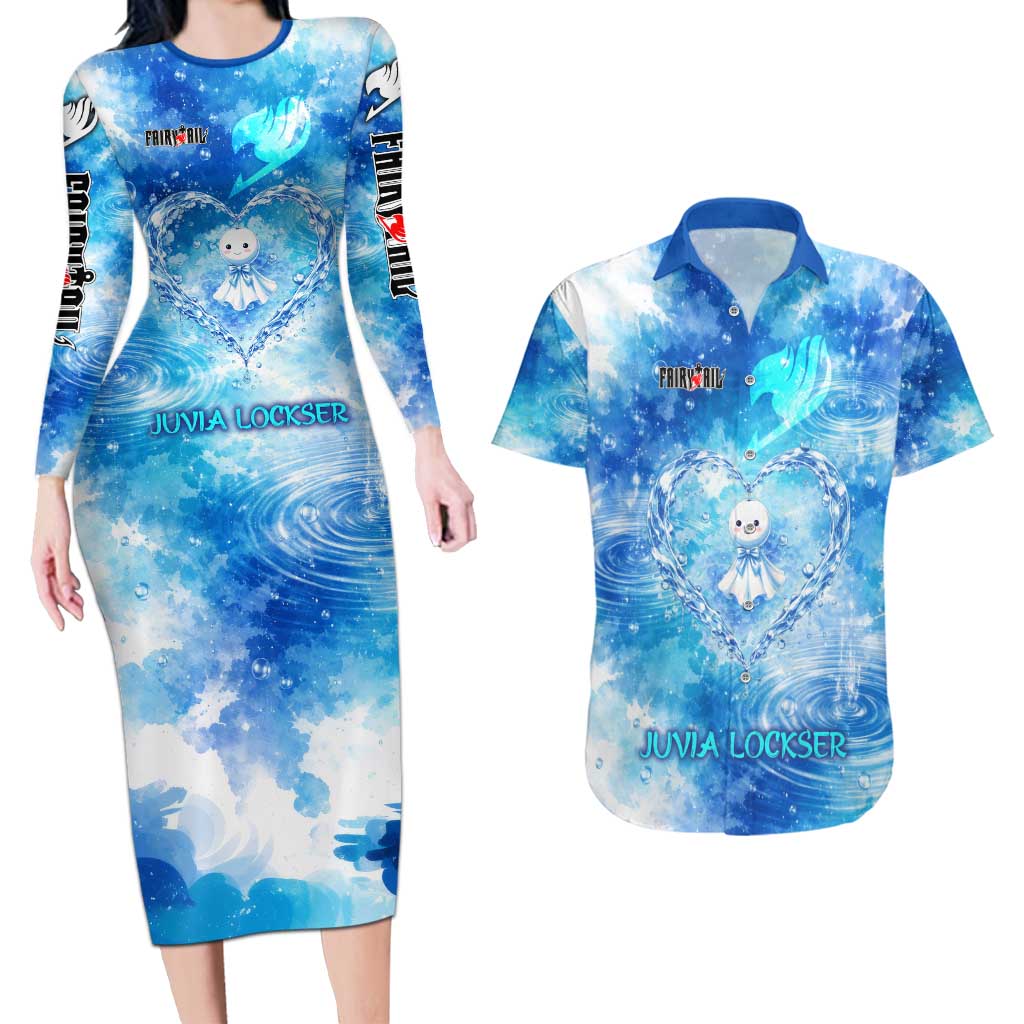 Juvia Lockser Fairy Tail Couples Matching Long Sleeve Bodycon Dress and Hawaiian Shirt Water Magic Anime Style with Heart and Raindrop Aesthetic