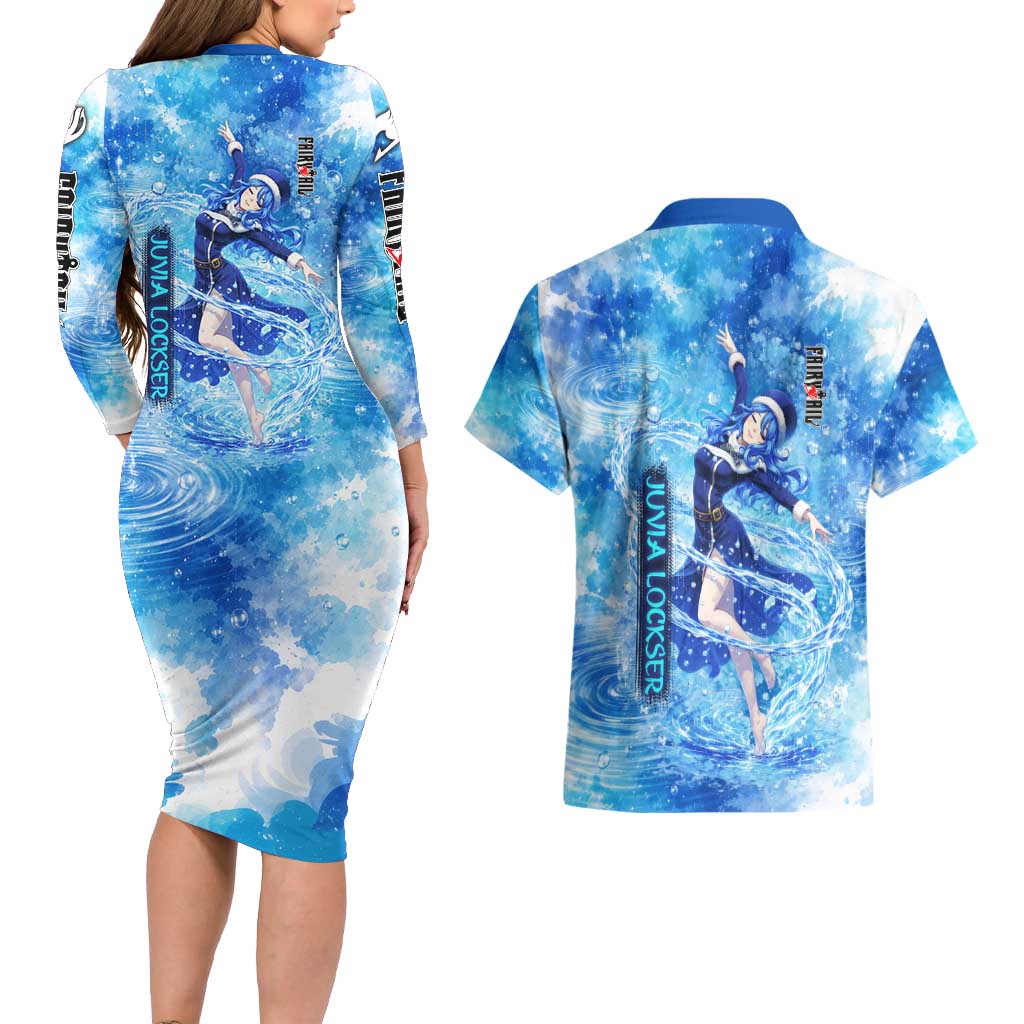 Juvia Lockser Fairy Tail Couples Matching Long Sleeve Bodycon Dress and Hawaiian Shirt Water Magic Anime Style with Heart and Raindrop Aesthetic
