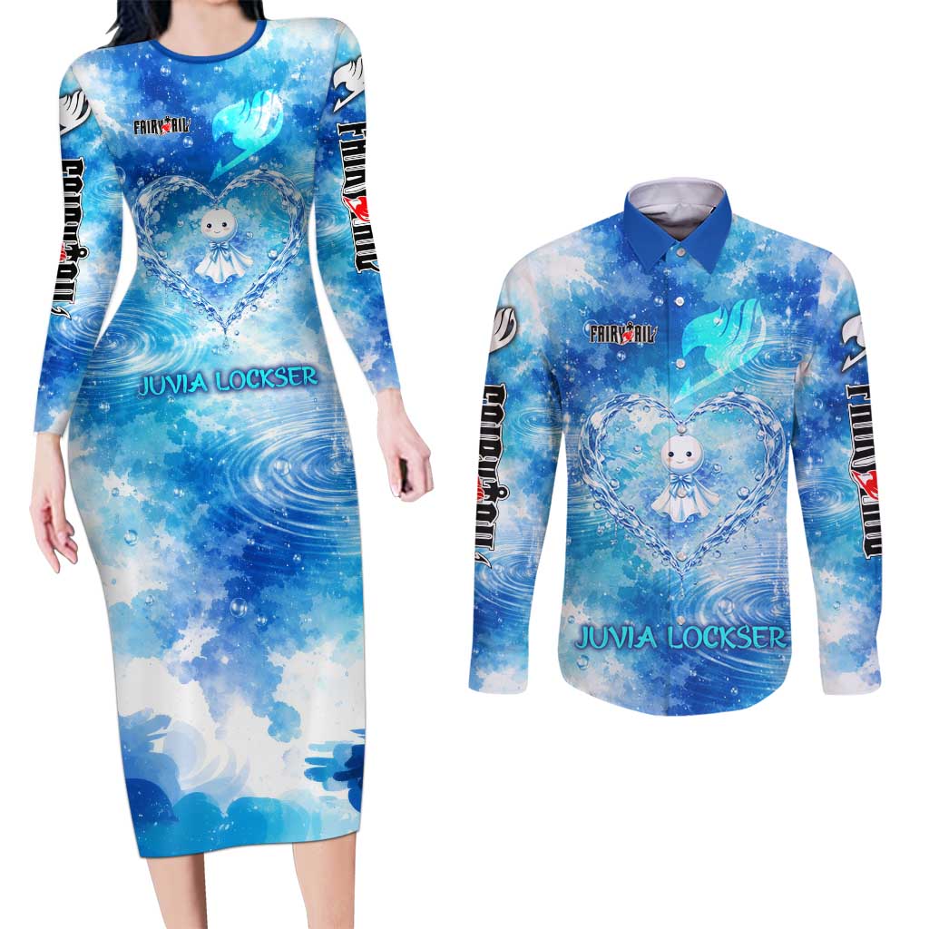 Juvia Lockser Fairy Tail Couples Matching Long Sleeve Bodycon Dress and Long Sleeve Button Shirt Water Magic Anime Style with Heart and Raindrop Aesthetic