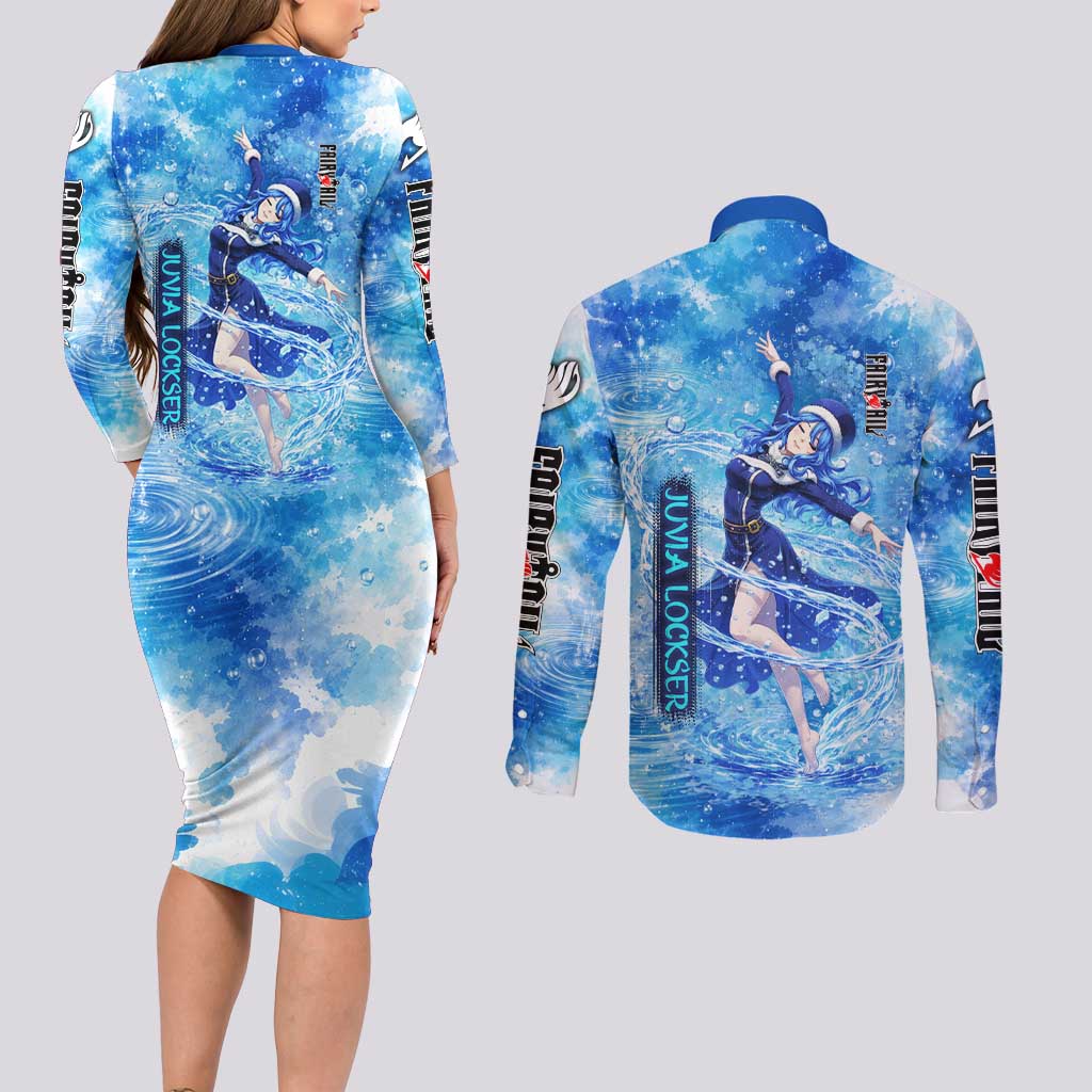 Juvia Lockser Fairy Tail Couples Matching Long Sleeve Bodycon Dress and Long Sleeve Button Shirt Water Magic Anime Style with Heart and Raindrop Aesthetic