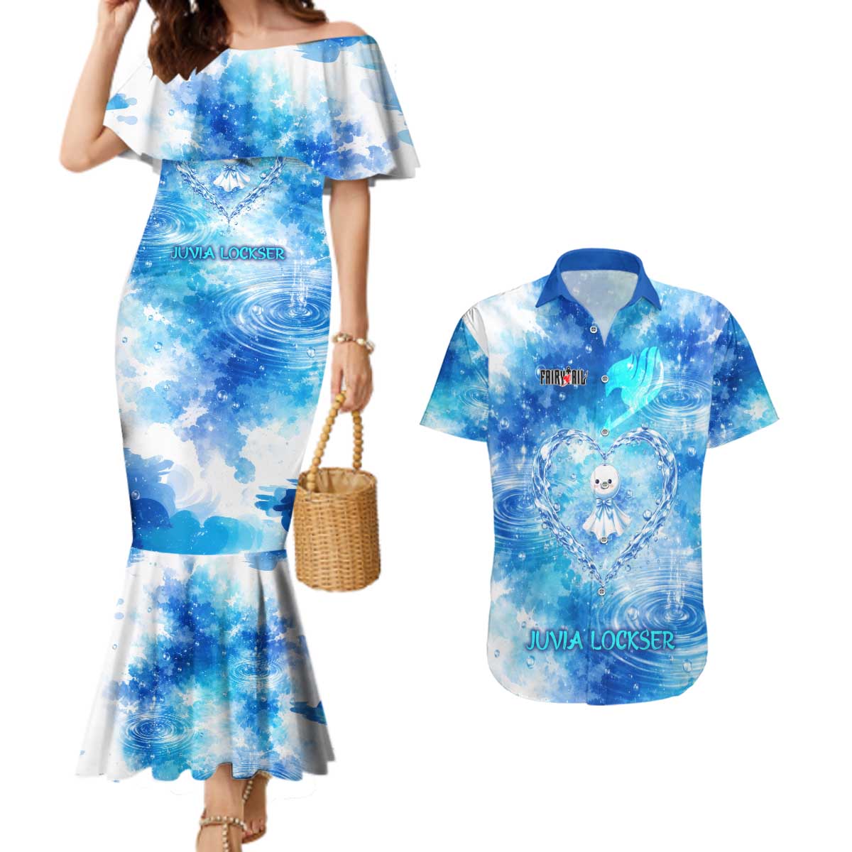Juvia Lockser Fairy Tail Couples Matching Mermaid Dress and Hawaiian Shirt Water Magic Anime Style with Heart and Raindrop Aesthetic