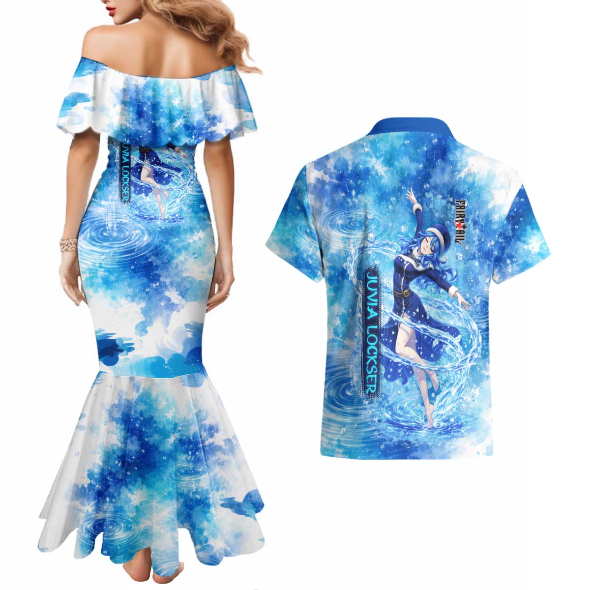 Juvia Lockser Fairy Tail Couples Matching Mermaid Dress and Hawaiian Shirt Water Magic Anime Style with Heart and Raindrop Aesthetic