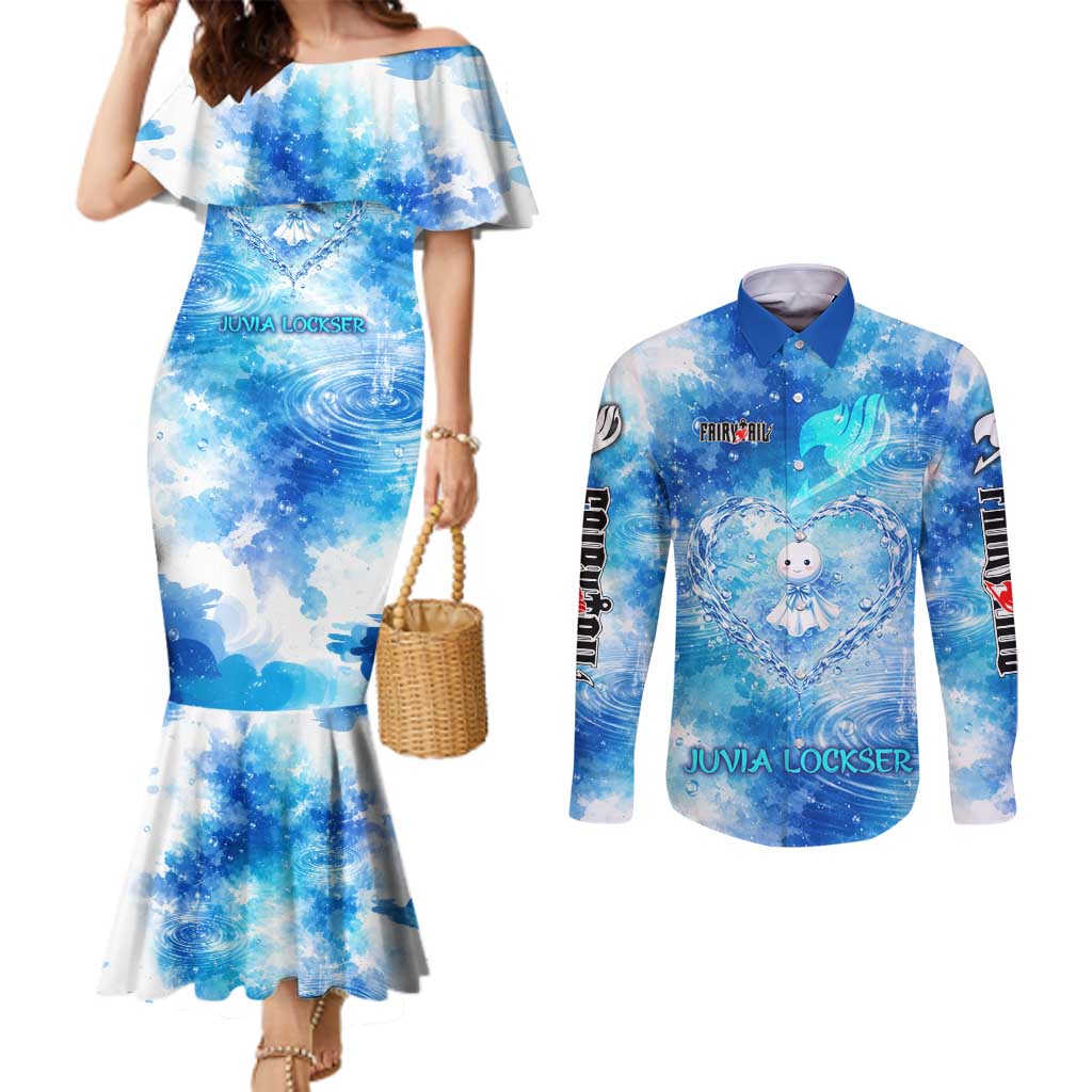 Juvia Lockser Fairy Tail Couples Matching Mermaid Dress and Long Sleeve Button Shirt Water Magic Anime Style with Heart and Raindrop Aesthetic