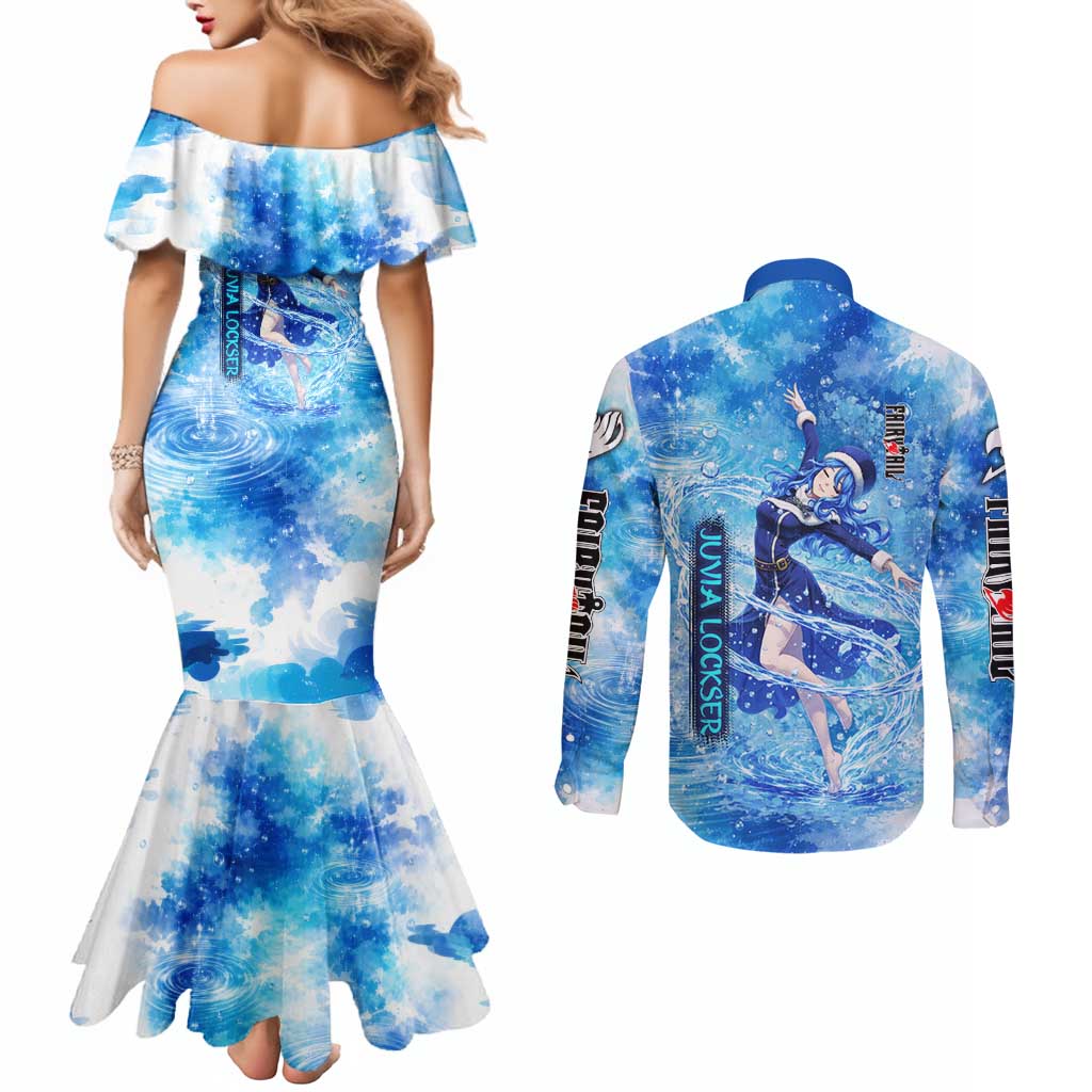 Juvia Lockser Fairy Tail Couples Matching Mermaid Dress and Long Sleeve Button Shirt Water Magic Anime Style with Heart and Raindrop Aesthetic