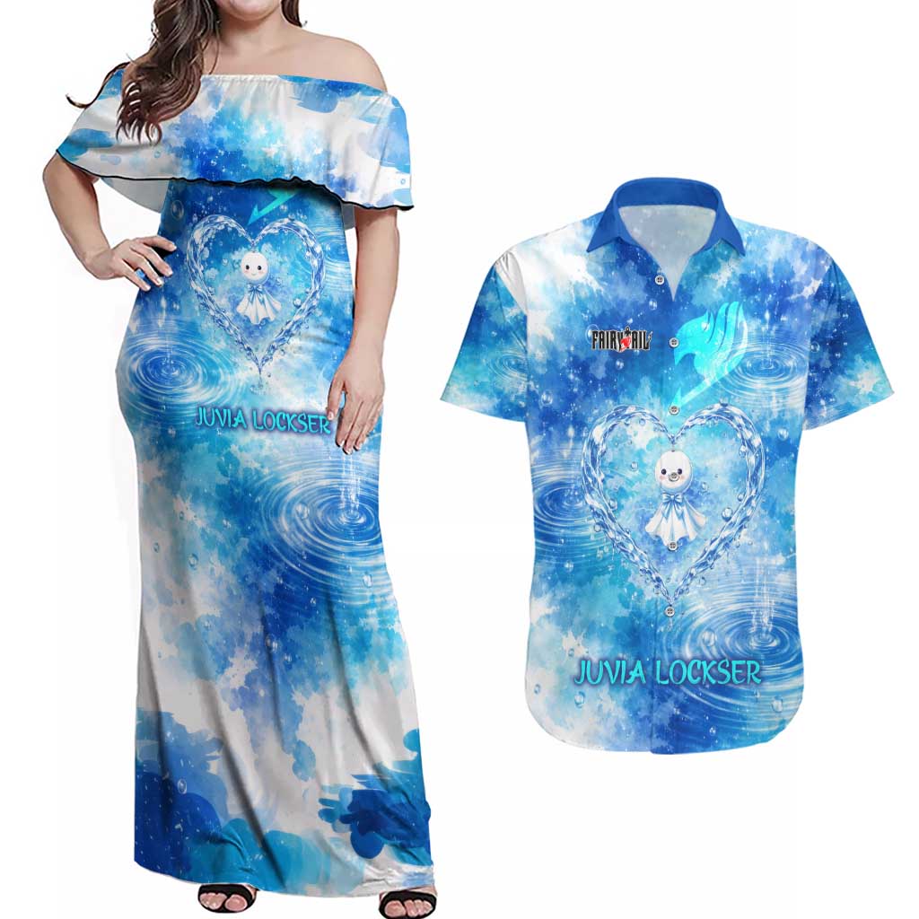 Juvia Lockser Fairy Tail Couples Matching Off Shoulder Maxi Dress and Hawaiian Shirt Water Magic Anime Style with Heart and Raindrop Aesthetic