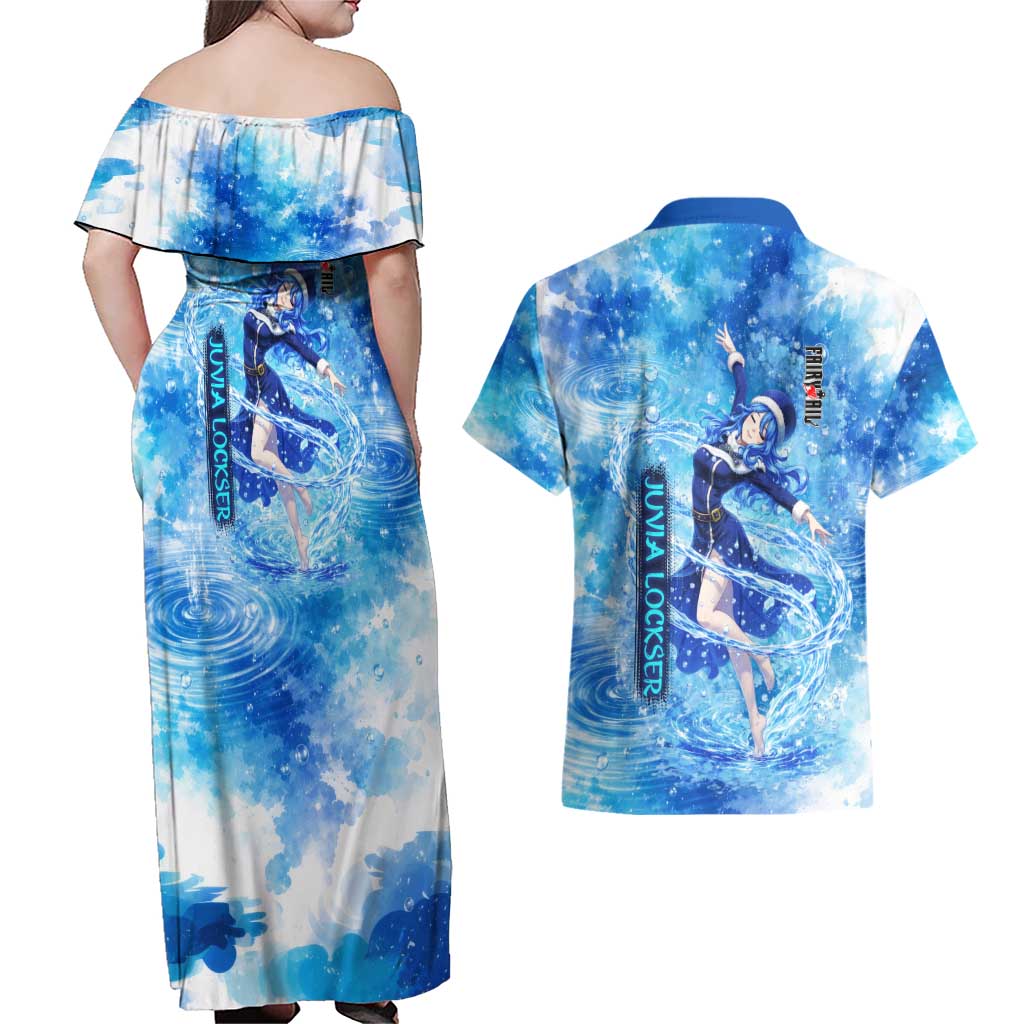 Juvia Lockser Fairy Tail Couples Matching Off Shoulder Maxi Dress and Hawaiian Shirt Water Magic Anime Style with Heart and Raindrop Aesthetic