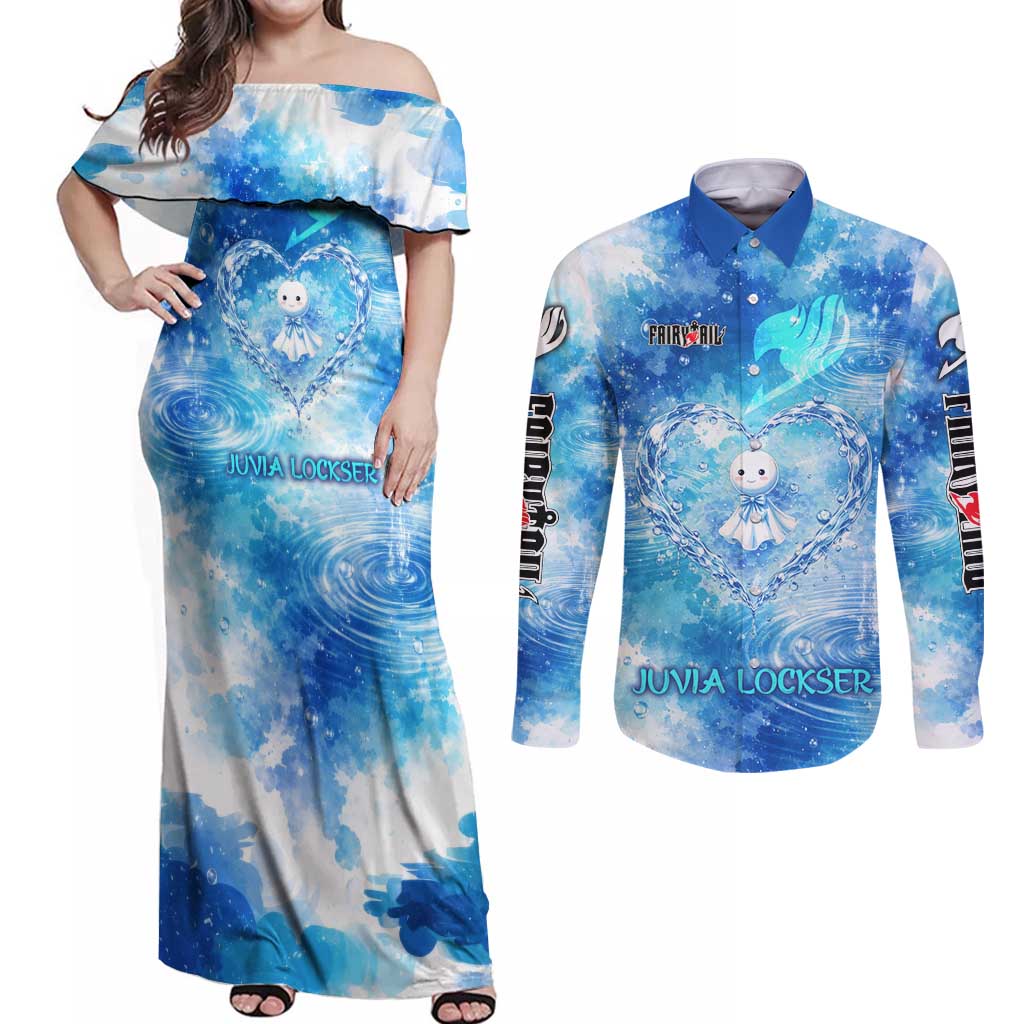 Juvia Lockser Fairy Tail Couples Matching Off Shoulder Maxi Dress and Long Sleeve Button Shirt Water Magic Anime Style with Heart and Raindrop Aesthetic