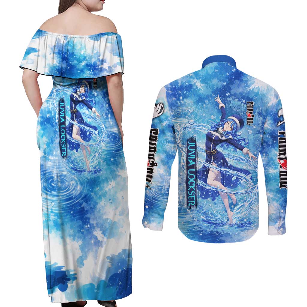 Juvia Lockser Fairy Tail Couples Matching Off Shoulder Maxi Dress and Long Sleeve Button Shirt Water Magic Anime Style with Heart and Raindrop Aesthetic