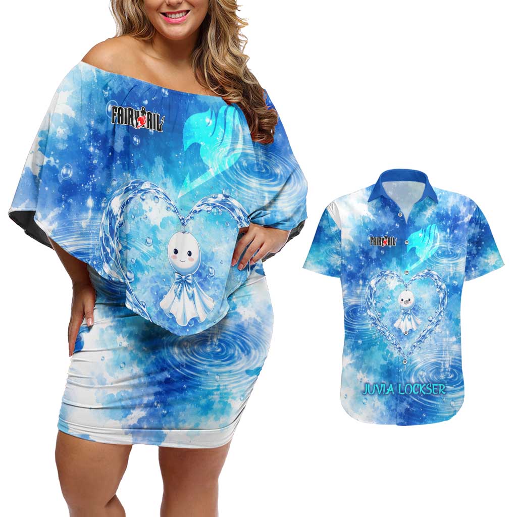 Juvia Lockser Fairy Tail Couples Matching Off Shoulder Short Dress and Hawaiian Shirt Water Magic Anime Style with Heart and Raindrop Aesthetic
