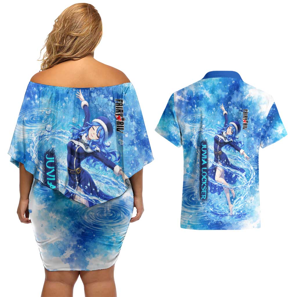 Juvia Lockser Fairy Tail Couples Matching Off Shoulder Short Dress and Hawaiian Shirt Water Magic Anime Style with Heart and Raindrop Aesthetic