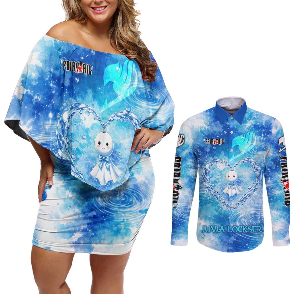 Juvia Lockser Fairy Tail Couples Matching Off Shoulder Short Dress and Long Sleeve Button Shirt Water Magic Anime Style with Heart and Raindrop Aesthetic