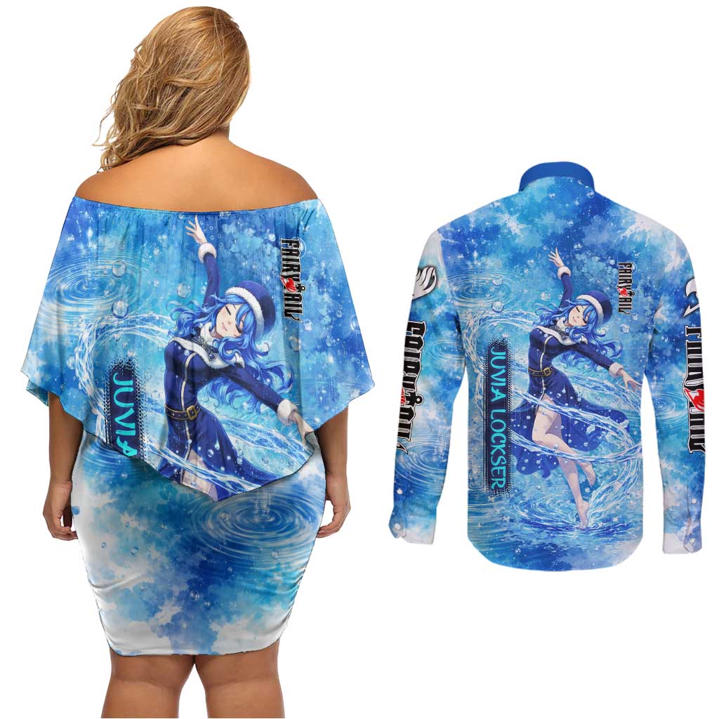 Juvia Lockser Fairy Tail Couples Matching Off Shoulder Short Dress and Long Sleeve Button Shirt Water Magic Anime Style with Heart and Raindrop Aesthetic