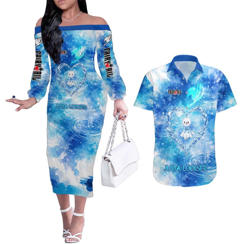 Juvia Lockser Fairy Tail Couples Matching Off The Shoulder Long Sleeve Dress and Hawaiian Shirt Water Magic Anime Style with Heart and Raindrop Aesthetic