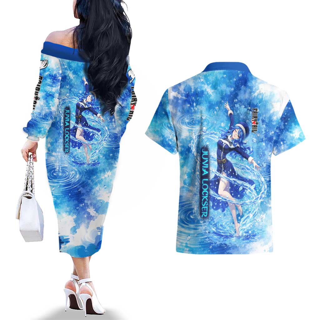 Juvia Lockser Fairy Tail Couples Matching Off The Shoulder Long Sleeve Dress and Hawaiian Shirt Water Magic Anime Style with Heart and Raindrop Aesthetic