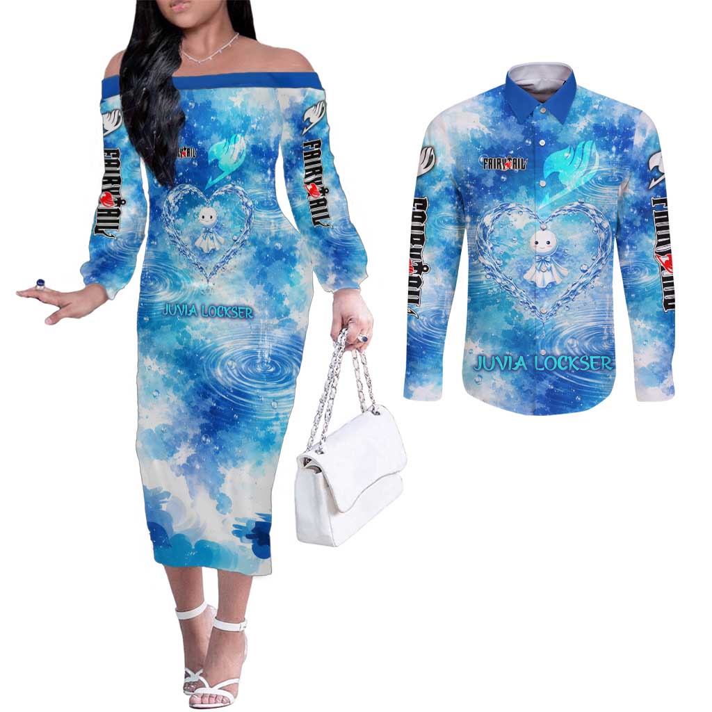 Juvia Lockser Fairy Tail Couples Matching Off The Shoulder Long Sleeve Dress and Long Sleeve Button Shirt Water Magic Anime Style with Heart and Raindrop Aesthetic