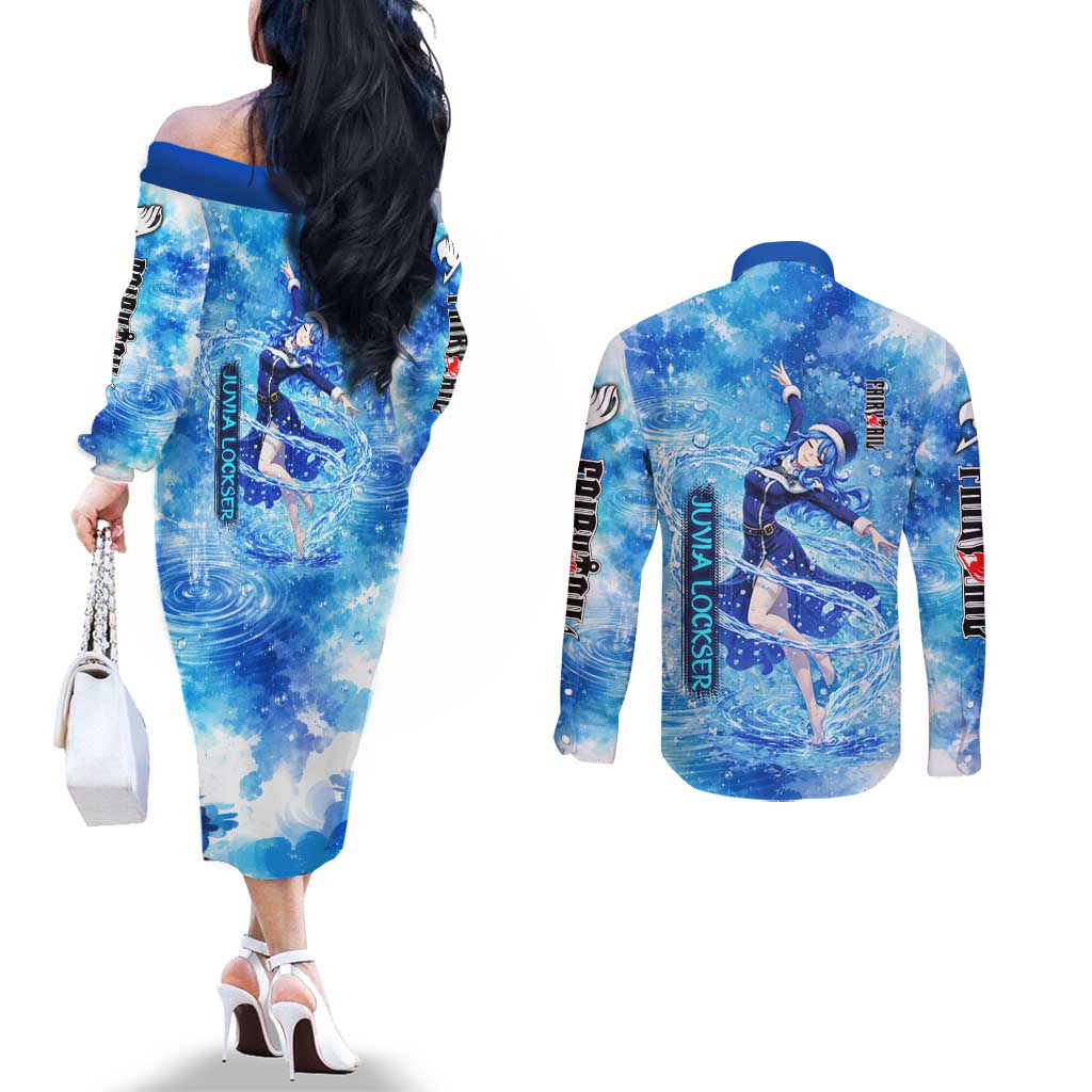 Juvia Lockser Fairy Tail Couples Matching Off The Shoulder Long Sleeve Dress and Long Sleeve Button Shirt Water Magic Anime Style with Heart and Raindrop Aesthetic