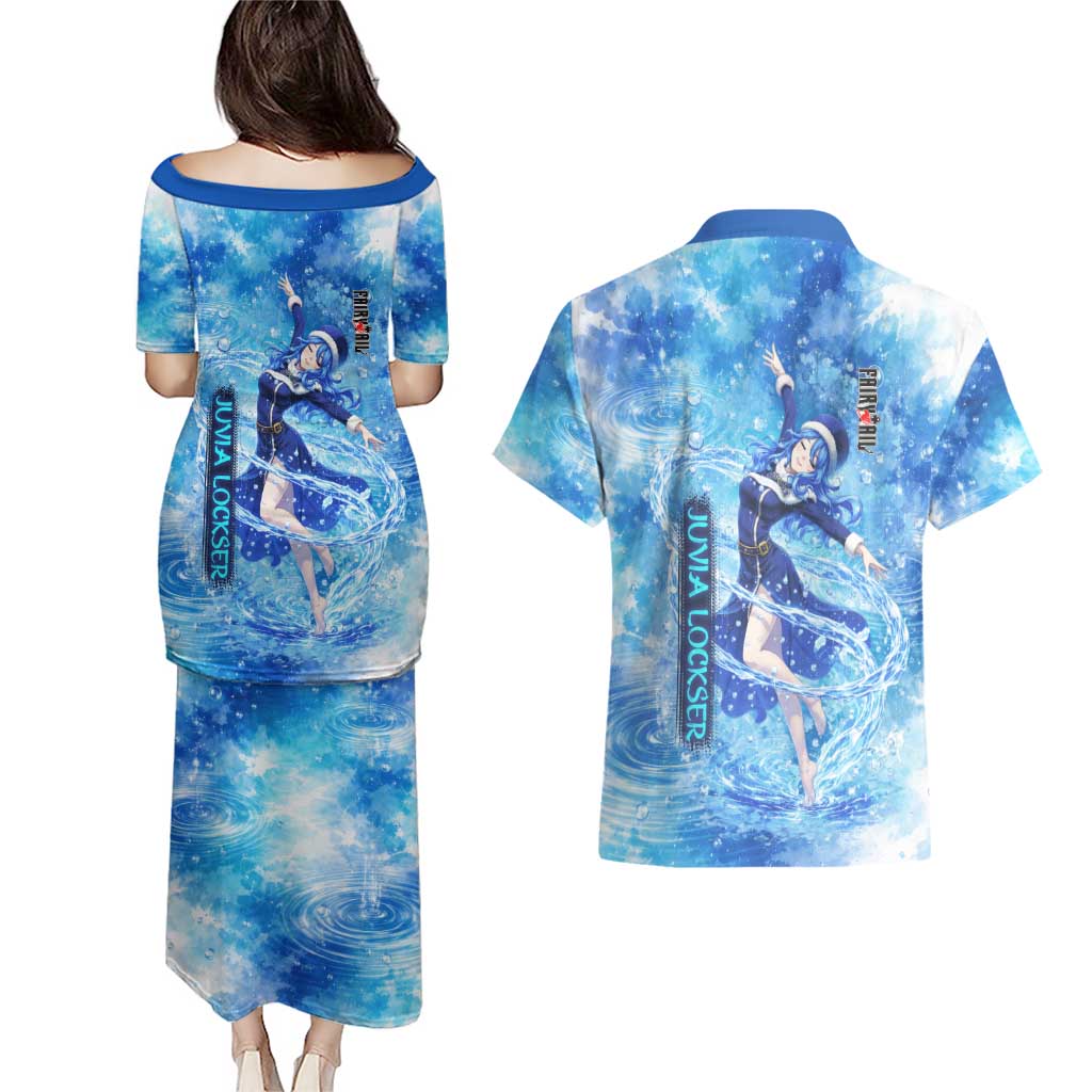 Juvia Lockser Fairy Tail Couples Matching Puletasi and Hawaiian Shirt Water Magic Anime Style with Heart and Raindrop Aesthetic