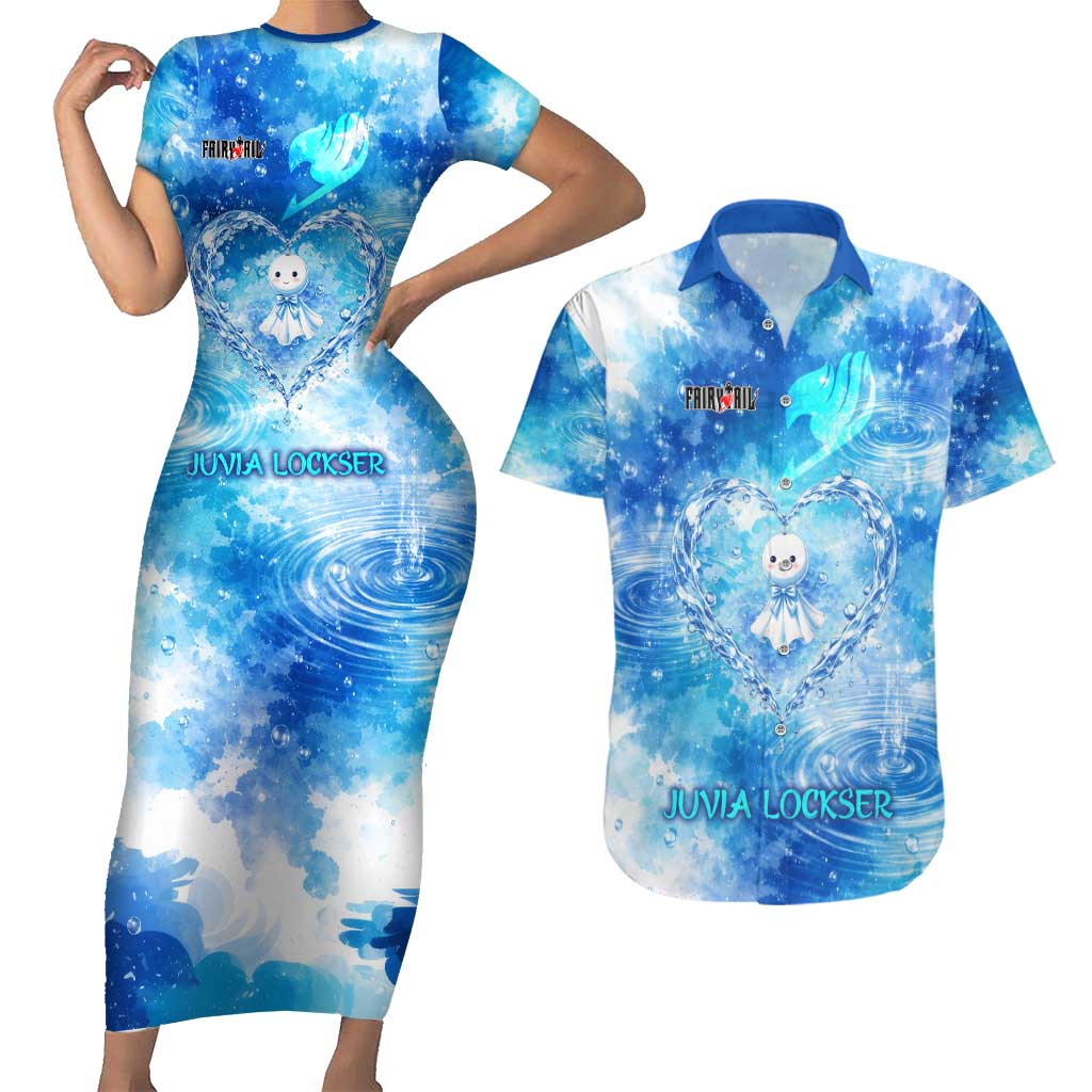 Juvia Lockser Fairy Tail Couples Matching Short Sleeve Bodycon Dress and Hawaiian Shirt Water Magic Anime Style with Heart and Raindrop Aesthetic