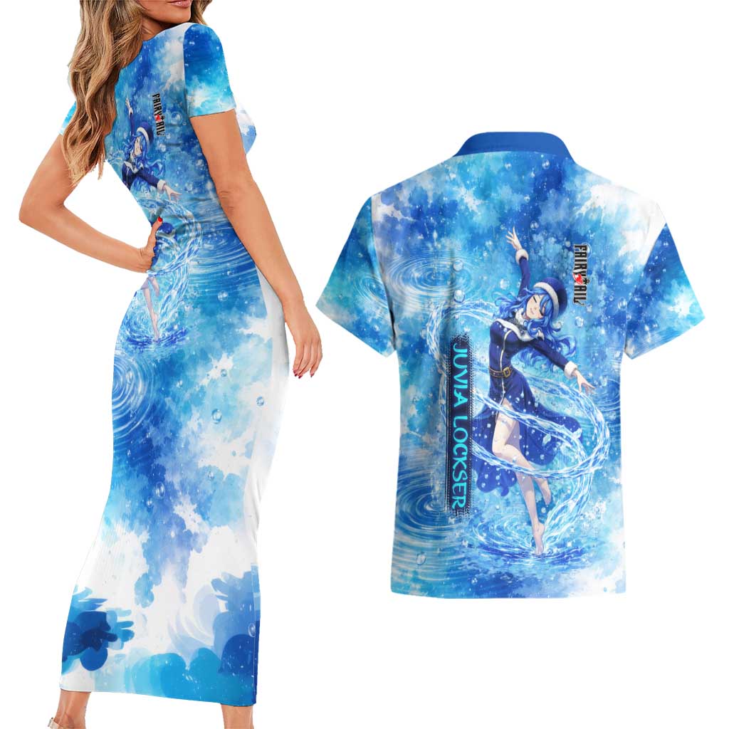 Juvia Lockser Fairy Tail Couples Matching Short Sleeve Bodycon Dress and Hawaiian Shirt Water Magic Anime Style with Heart and Raindrop Aesthetic