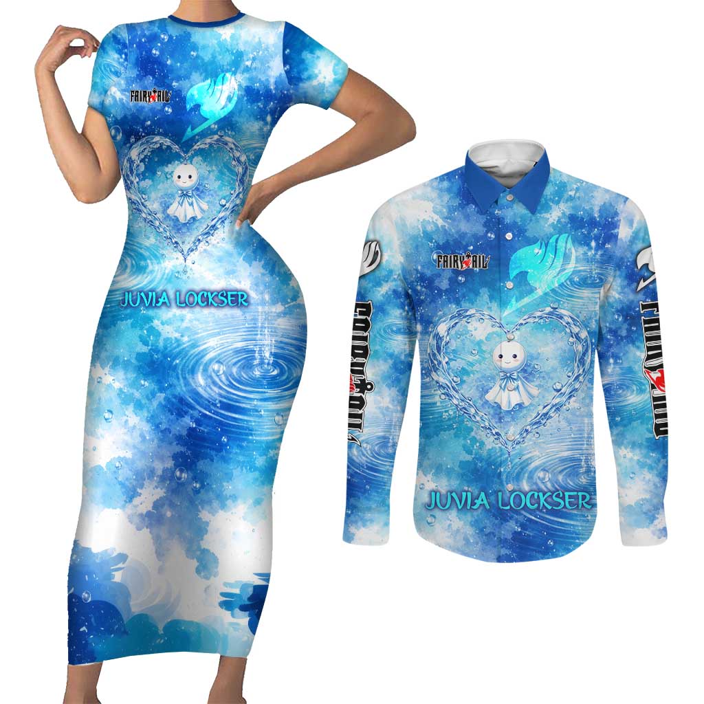 Juvia Lockser Fairy Tail Couples Matching Short Sleeve Bodycon Dress and Long Sleeve Button Shirt Water Magic Anime Style with Heart and Raindrop Aesthetic