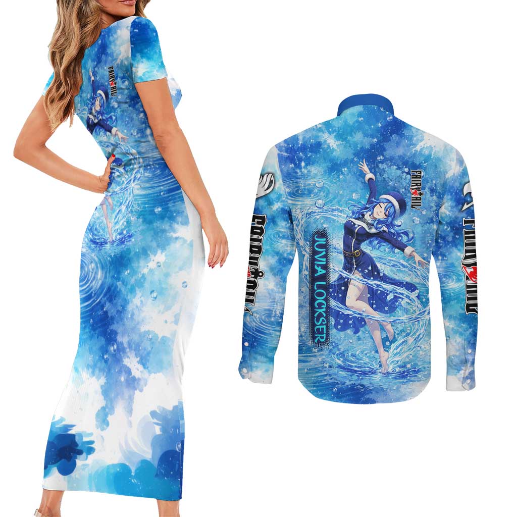 Juvia Lockser Fairy Tail Couples Matching Short Sleeve Bodycon Dress and Long Sleeve Button Shirt Water Magic Anime Style with Heart and Raindrop Aesthetic