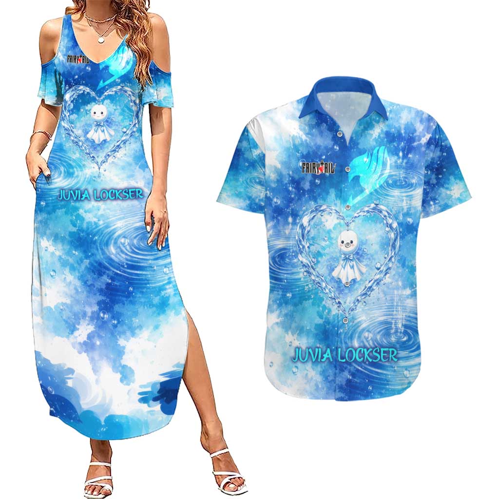 Juvia Lockser Fairy Tail Couples Matching Summer Maxi Dress and Hawaiian Shirt Water Magic Anime Style with Heart and Raindrop Aesthetic