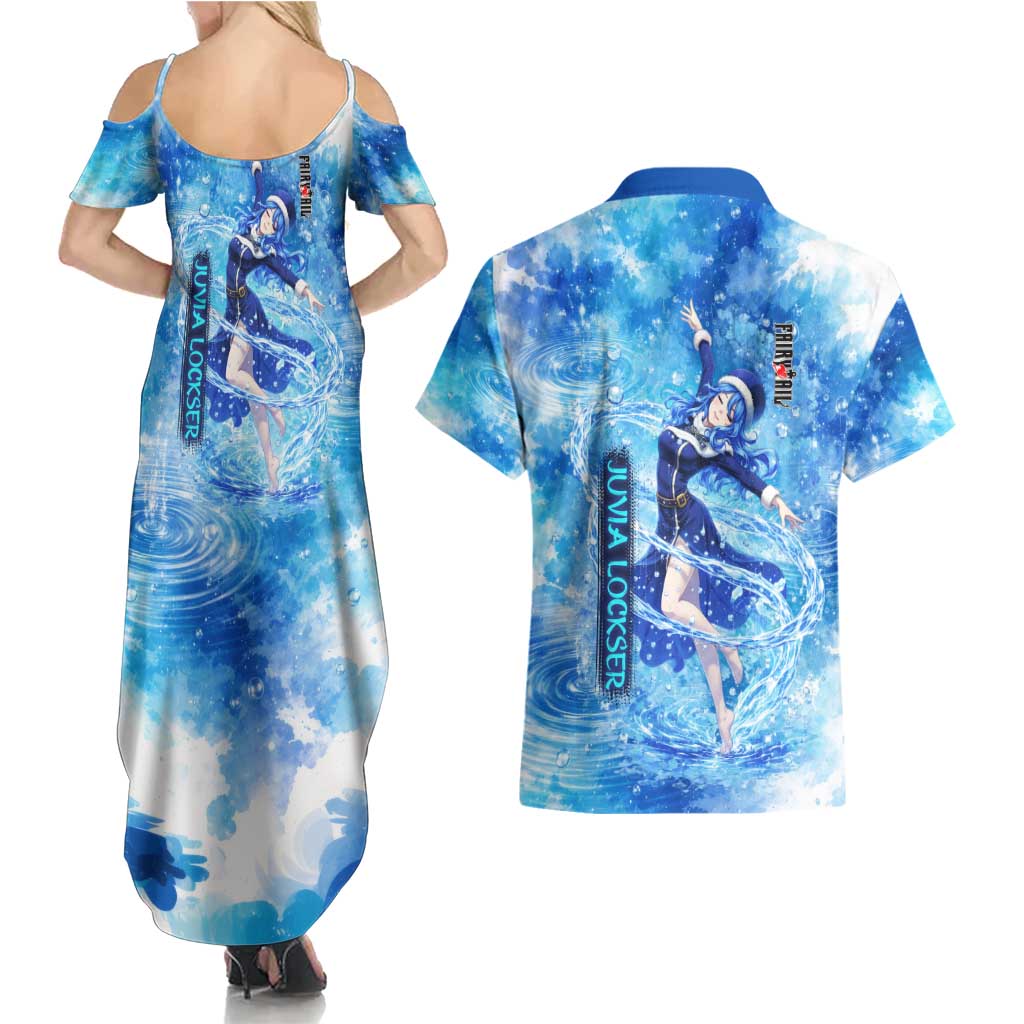 Juvia Lockser Fairy Tail Couples Matching Summer Maxi Dress and Hawaiian Shirt Water Magic Anime Style with Heart and Raindrop Aesthetic