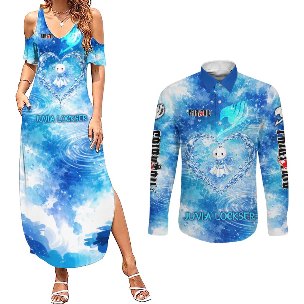 Juvia Lockser Fairy Tail Couples Matching Summer Maxi Dress and Long Sleeve Button Shirt Water Magic Anime Style with Heart and Raindrop Aesthetic