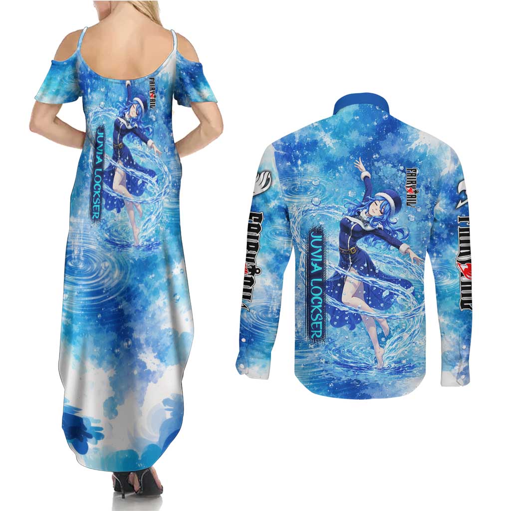 Juvia Lockser Fairy Tail Couples Matching Summer Maxi Dress and Long Sleeve Button Shirt Water Magic Anime Style with Heart and Raindrop Aesthetic