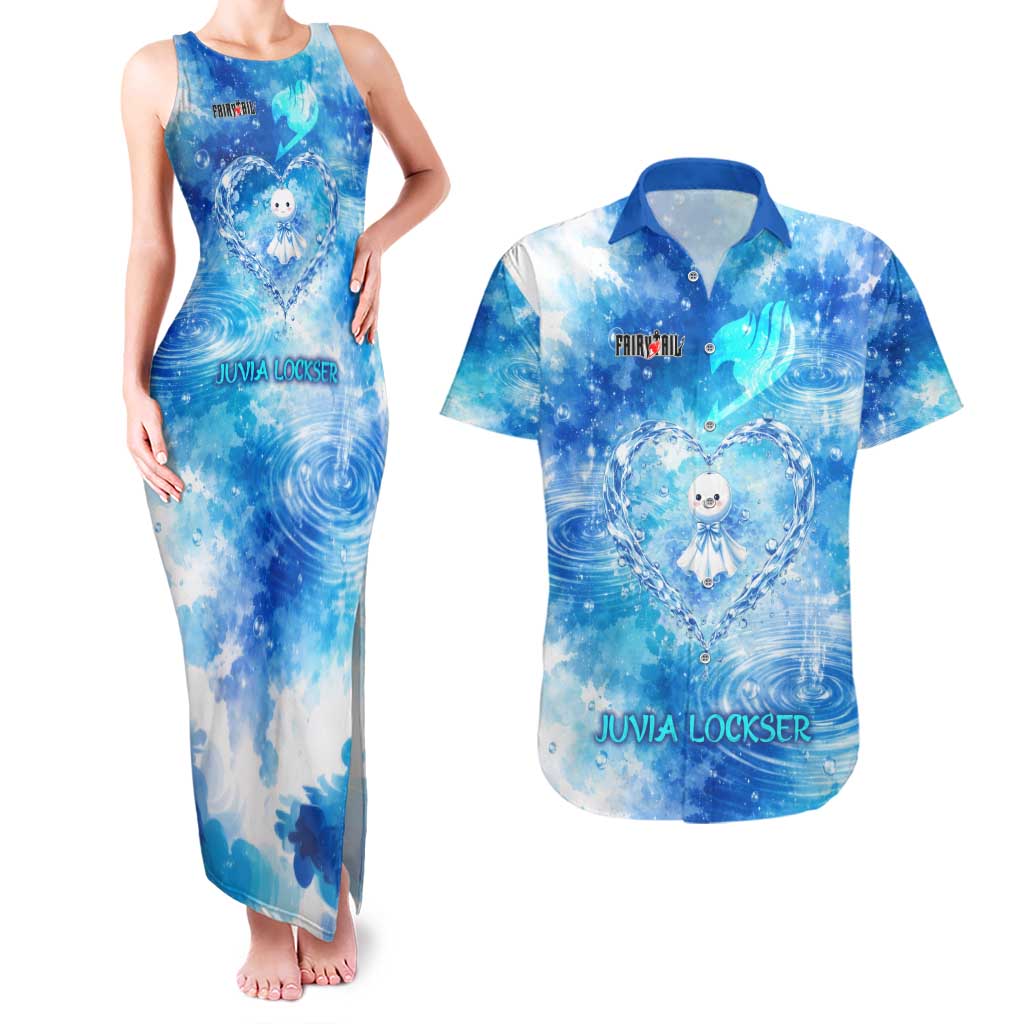 Juvia Lockser Fairy Tail Couples Matching Tank Maxi Dress and Hawaiian Shirt Water Magic Anime Style with Heart and Raindrop Aesthetic