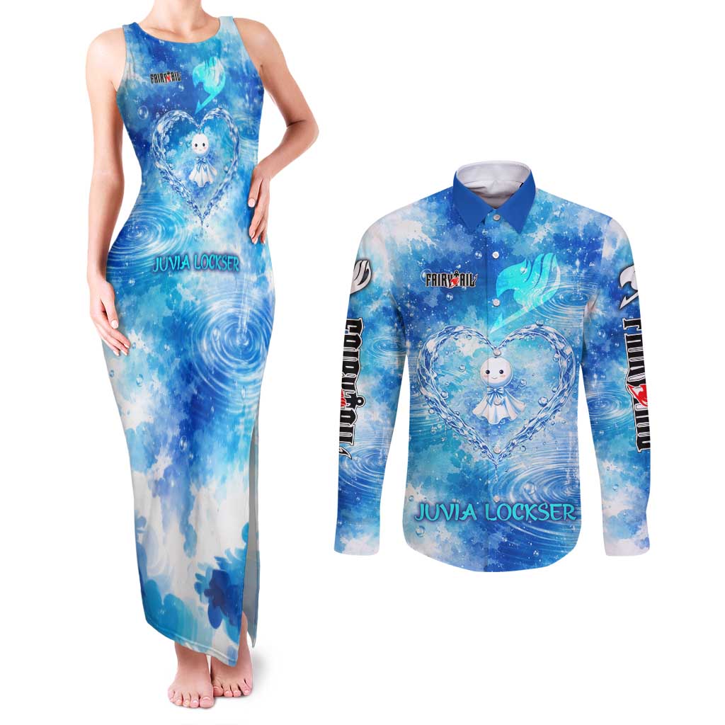 Juvia Lockser Fairy Tail Couples Matching Tank Maxi Dress and Long Sleeve Button Shirt Water Magic Anime Style with Heart and Raindrop Aesthetic