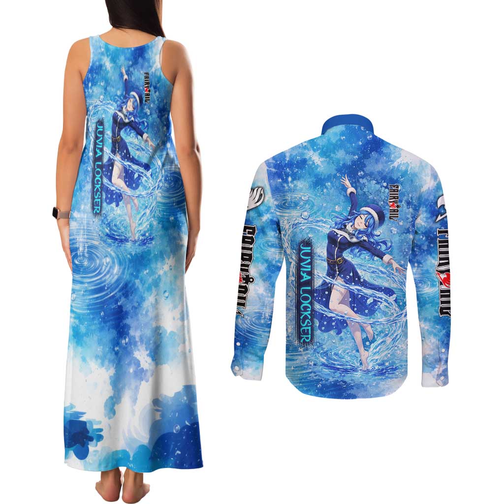 Juvia Lockser Fairy Tail Couples Matching Tank Maxi Dress and Long Sleeve Button Shirt Water Magic Anime Style with Heart and Raindrop Aesthetic