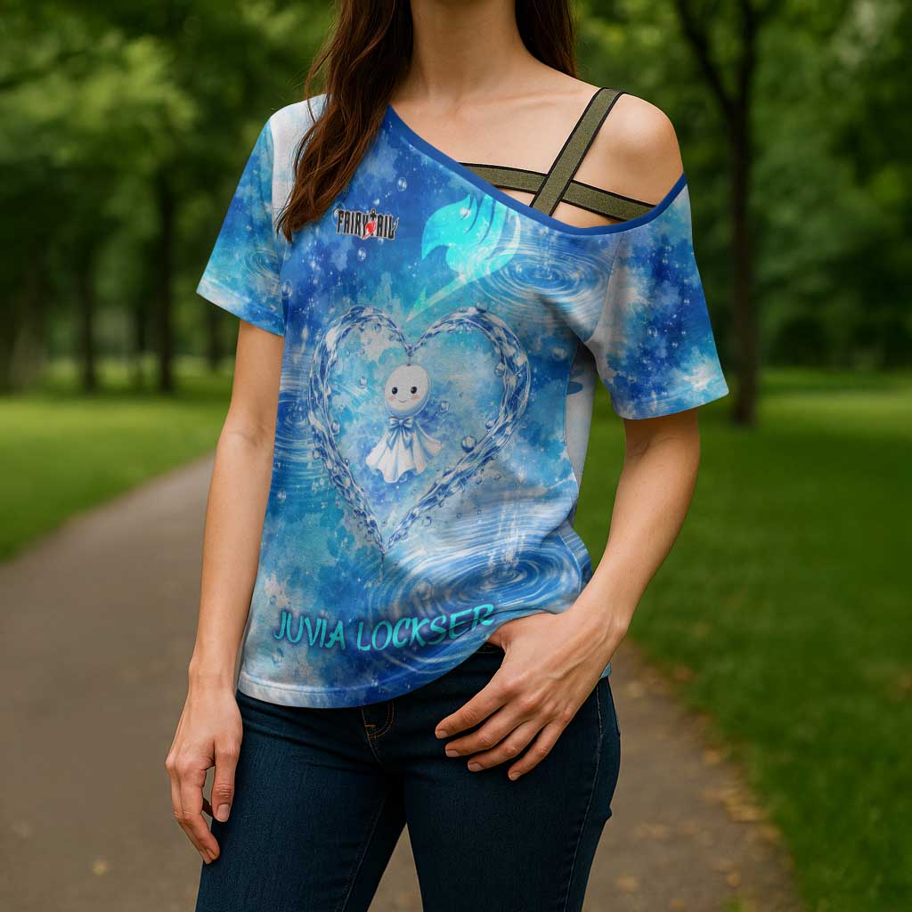 Juvia Lockser Fairy Tail Cross Shoulder Shirt Water Magic Anime Style with Heart and Raindrop Aesthetic