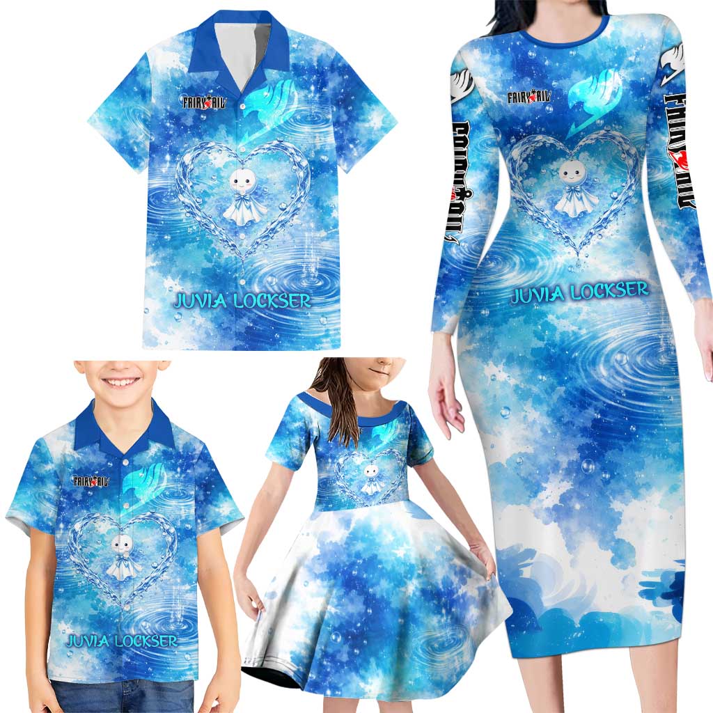 Juvia Lockser Fairy Tail Family Matching Long Sleeve Bodycon Dress and Hawaiian Shirt Water Magic Anime Style with Heart and Raindrop Aesthetic