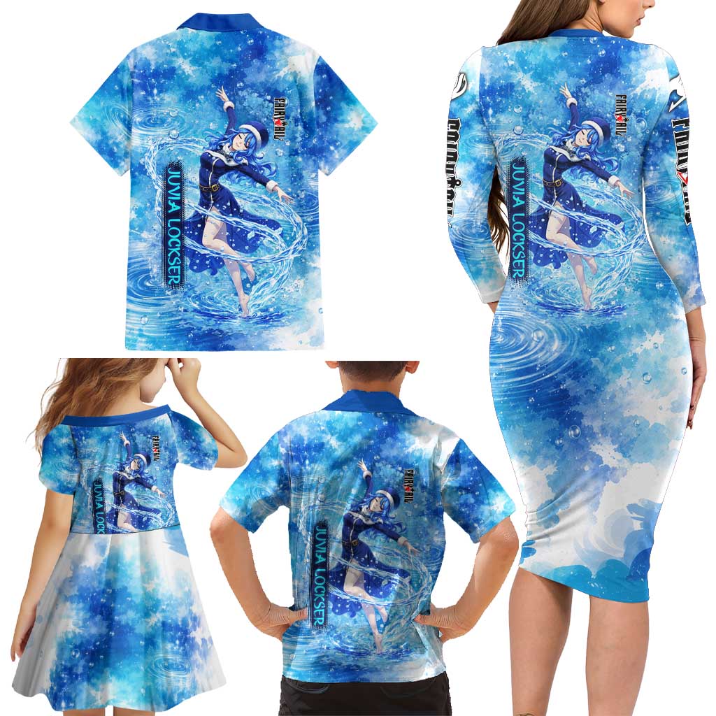 Juvia Lockser Fairy Tail Family Matching Long Sleeve Bodycon Dress and Hawaiian Shirt Water Magic Anime Style with Heart and Raindrop Aesthetic