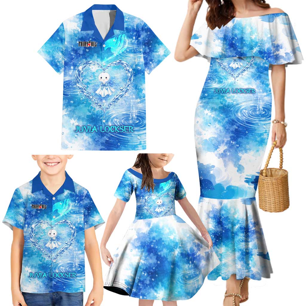 Juvia Lockser Fairy Tail Family Matching Mermaid Dress and Hawaiian Shirt Water Magic Anime Style with Heart and Raindrop Aesthetic