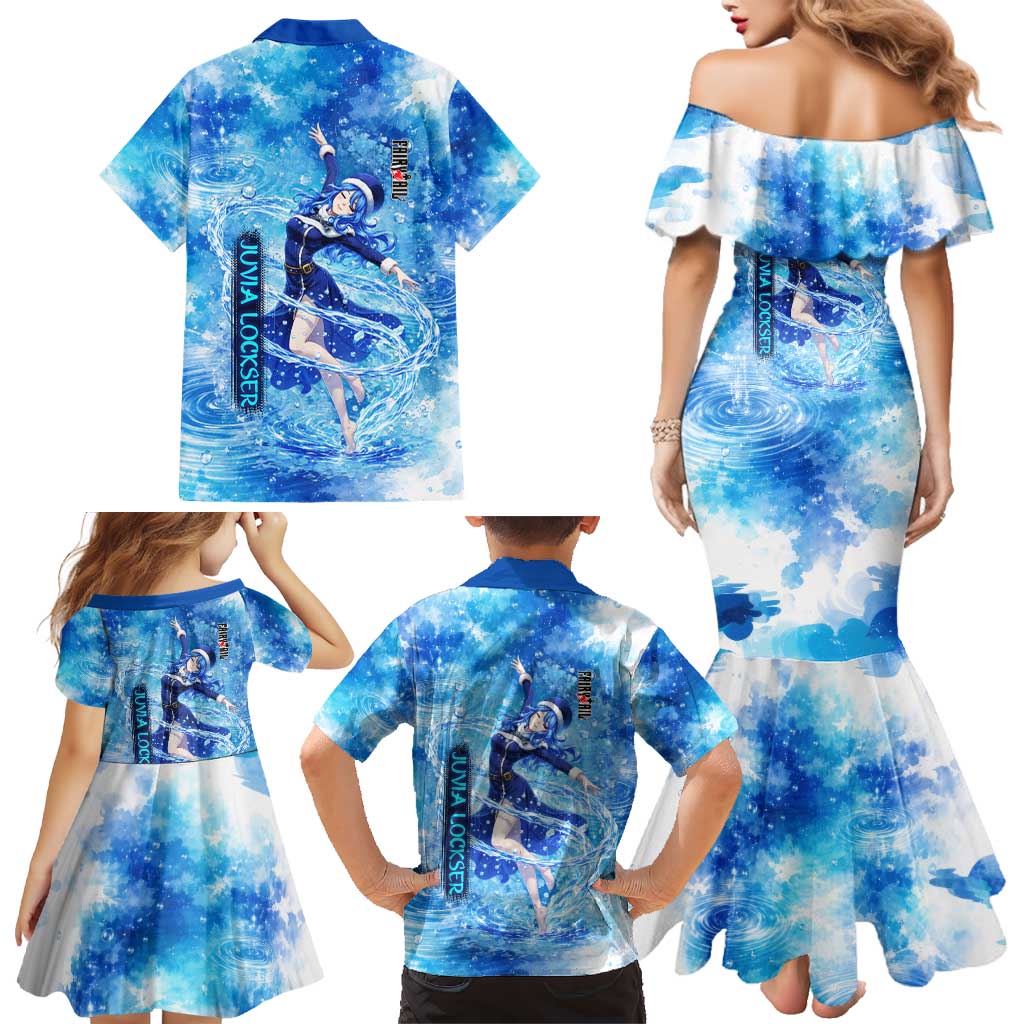 Juvia Lockser Fairy Tail Family Matching Mermaid Dress and Hawaiian Shirt Water Magic Anime Style with Heart and Raindrop Aesthetic