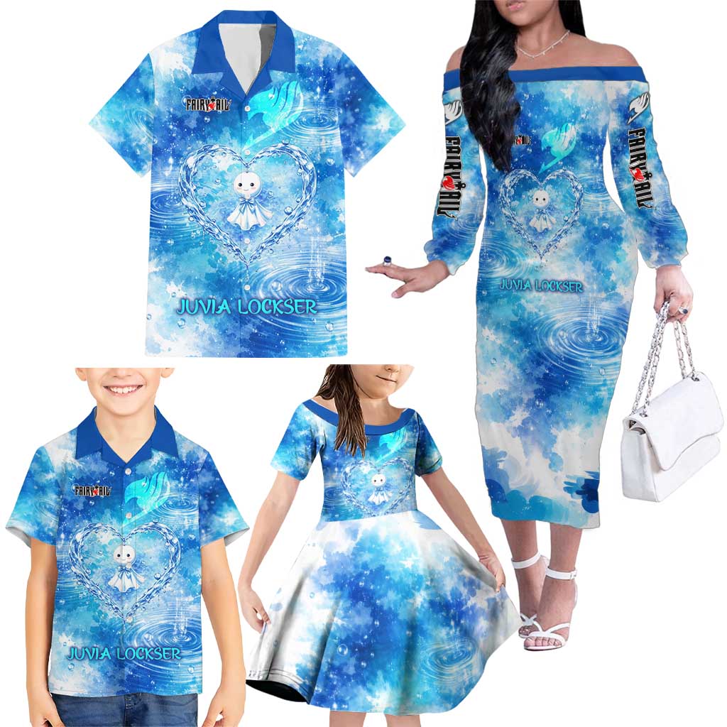 Juvia Lockser Fairy Tail Family Matching Off The Shoulder Long Sleeve Dress and Hawaiian Shirt Water Magic Anime Style with Heart and Raindrop Aesthetic