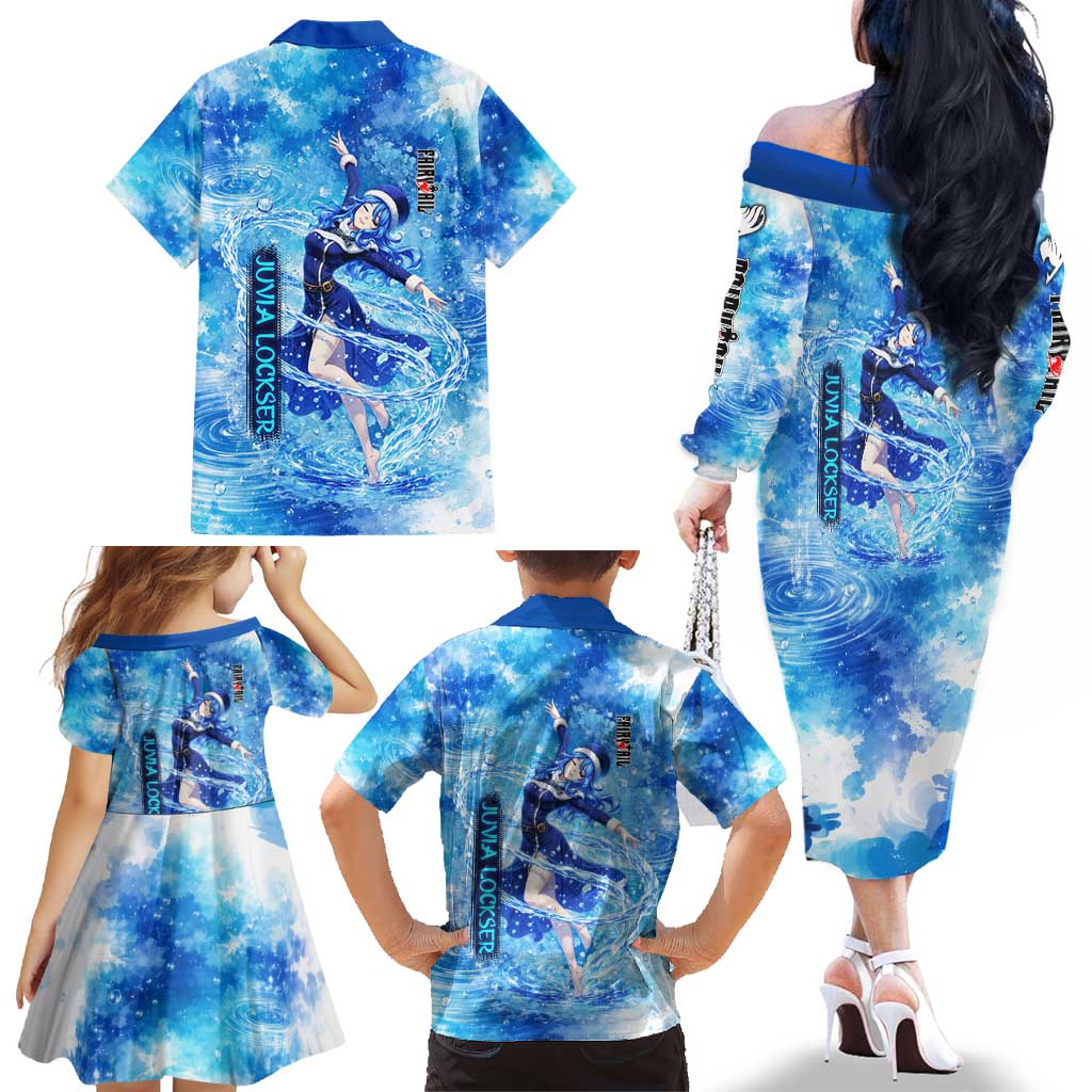 Juvia Lockser Fairy Tail Family Matching Off The Shoulder Long Sleeve Dress and Hawaiian Shirt Water Magic Anime Style with Heart and Raindrop Aesthetic