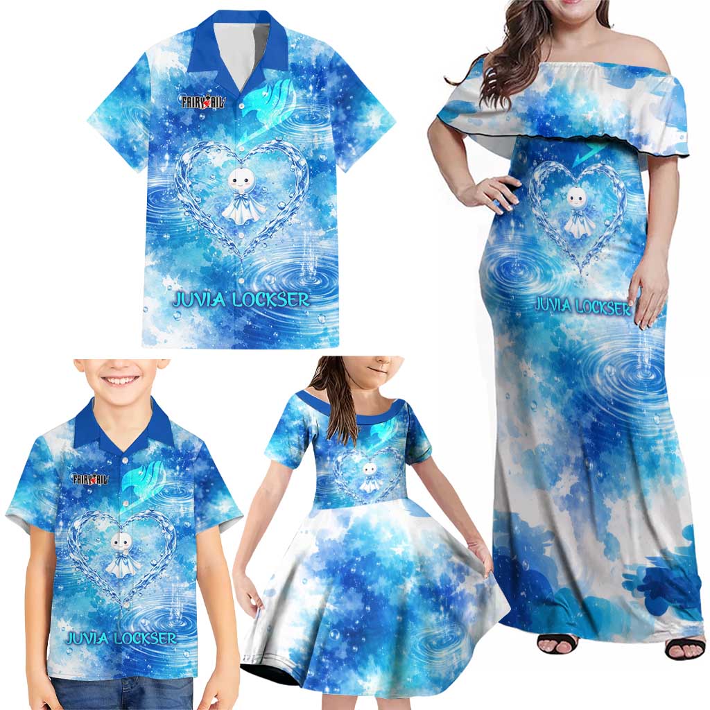 Juvia Lockser Fairy Tail Family Matching Off Shoulder Maxi Dress and Hawaiian Shirt Water Magic Anime Style with Heart and Raindrop Aesthetic